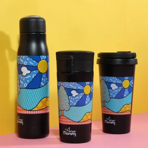 Vista 6 de Any Morning Vaso de café de acero inoxidable para bebidas calientes con base antideslizante, doble pared aislada al vacío, tapa a prueba de fugas