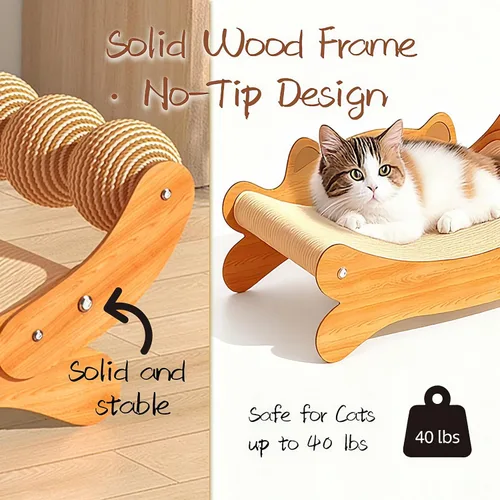 Vista 3 de Cama rascador para gatos de interior, hamaca de madera 3 en 1 para gatos con almohadilla duradera para arañazos y 3 bolas de sisal, base resistente