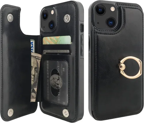 Vista 10 de ONETOP - Funda tipo cartera para iPhone 13 con soporte para tarjetas, anillo de rotación de 360°, bloqueo RFID, piel sintética, doble cierre Rojo