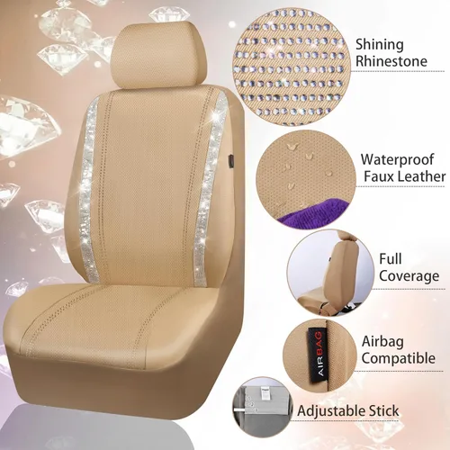 Vista 3 de CAR PASS - Juego de fundas de asiento para auto, cuero sintético impermeable con diamantes de imitación brillantes, para interior, universal, tiras