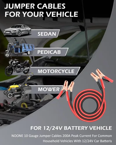 Vista 6 de NOONE Cables de puente para batería de automóvil, cables de refuerzo automotrices resistentes para arrancar baterías muertas o débiles (calibre 10)