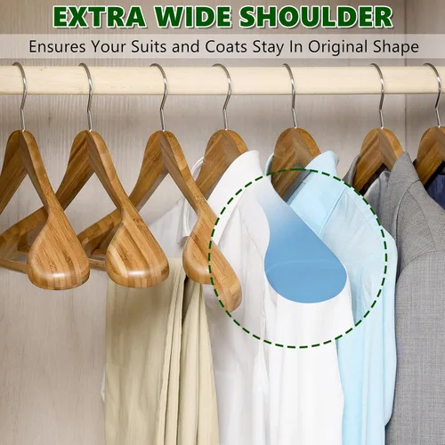 Vista 3 de Amber Home Paquete de 6 Perchas de Traje de Madera de Bambú Natural de Hombros Anchos, Perchas de Ropa de Bambú con Barra para Pantalones, Perchas