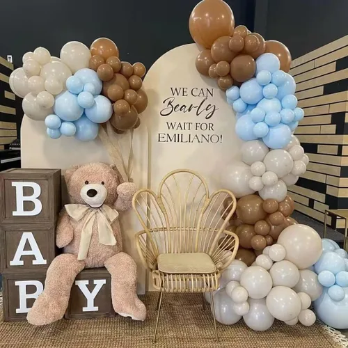 Vista 3 de Globos azules y marrones, 60 piezas, juego de globos de látex color azul macarrón, blanco, arena, nude, marrón claro, para decoración de baby shower