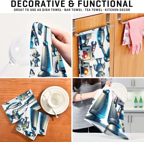 Vista 7 de GAIREG Cute Cartoon Robots Tea Towls, 28x18 Inch Decorative Kitchen Towels Farmhouse