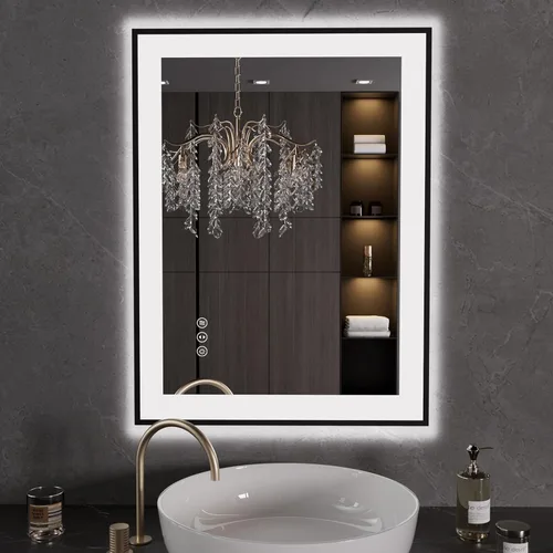Vista 29 de LOAAO Espejo de baño LED de 20 x 28 pulgadas, marco negro, antiniebla, regulable, espejo de tocador de baño iluminado para pared, función