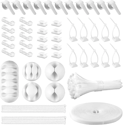 Vista 8 de Kit organizador de cables con 2 fundas para cables divididas con 41 clips autoadhesivos, 10 unidades y 2 rollos de ataduras autoadhesivas y 100