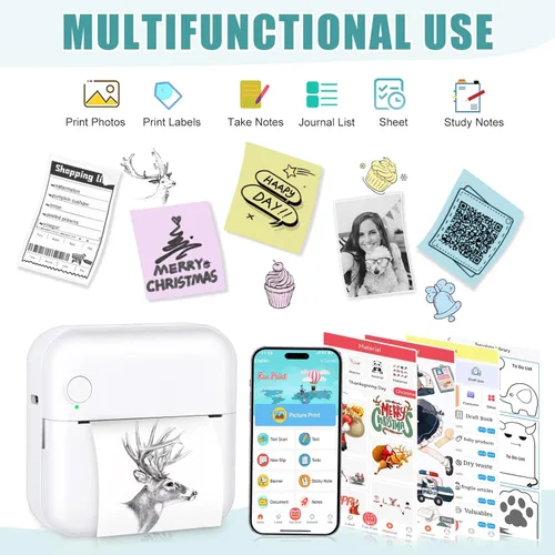 Vista 2 de Mini impresora de calcomanías, impresora térmica sin tinta con 10 rollos de papel térmico y calcomanías para iOS y Android, mini impresora portátil
