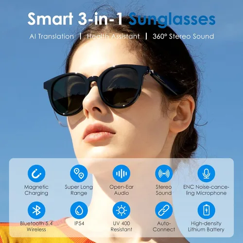 Vista 2 de GetD Lentes AI, traductor AI impulsado por ChatGPT, asistente de IA, lentes inteligentes Bluetooth para hombres y mujeres, lentes de sol