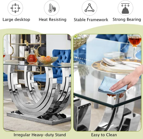 Vista 47 de Mesa de comedor de vidrio de 70 pulgadas para 4-8 personas, parte superior de vidrio templado y base de acero inoxidable en U dorada, escritorio