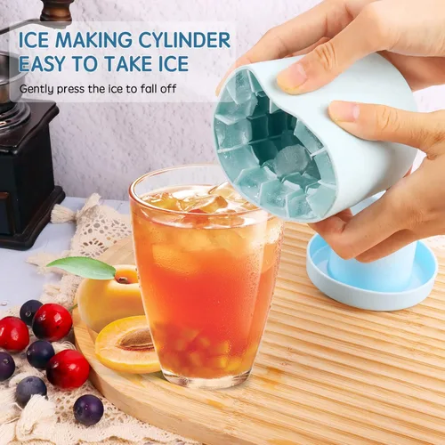 Vista 4 de Mini máquina de hielo y taza, moldes de silicona para cubos, 60 cubitos de hielo, fácil liberación (azul-verde)