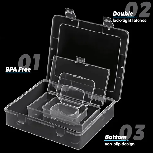 Vista 3 de Paquete de 7 mini recipientes de plástico rectangulares de varios tamaños, cajas de almacenamiento de plástico transparente con tapas con bisagras