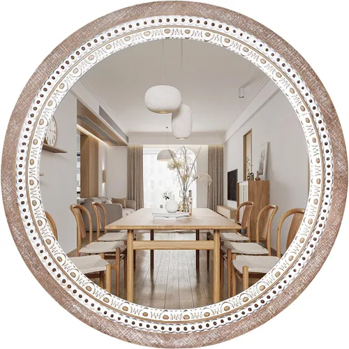 Vista 10 de Reflinto Espejos decorativos redondos de madera de 24 pulgadas para decoración de pared, espejo circular rústico para dormitorio, baño, sala