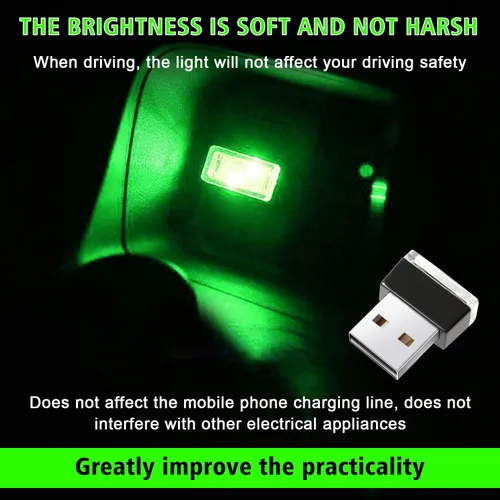 Vista 2 de Ouzorp 2 piezas de mini luz LED USB, iluminación interior LED para automóvil, CC 5 V, inteligente USB LED, luz de atmósfera, luz de teclado, Verde