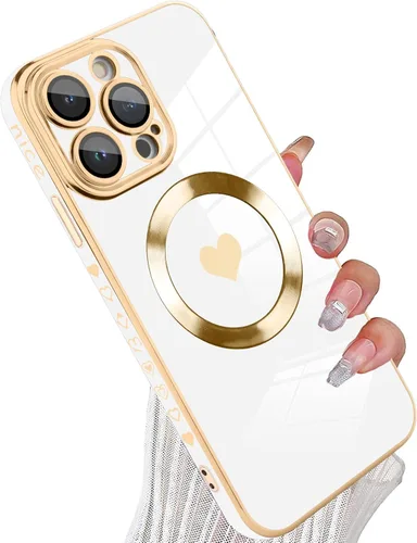 Vista 28 de tharlet Funda Magnética para iPhone 11 [Compatible con Magsafe] Lindo Corazón de Amor de Lujo Chapado Borde Dorado Parachoques con Lente de Cámara