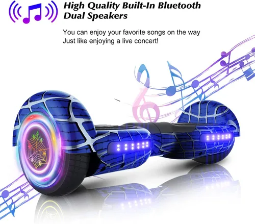 Vista 9 de Hoverboard con patrón de araña para niños de 6 a 12 años, con altavoz Bluetooth y luces LED, tabla deslizante de 6.5 pulgadas, certificado de Negro