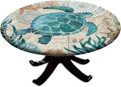 Vista 103 de Mantel redondo ajustable con borde elástico floral azul, mantel con borde elástico de estilo floral pastoral, almohadilla de mesa de poliéster