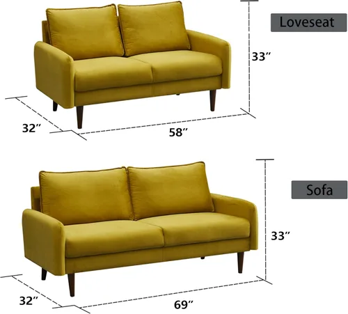 Vista 39 de INSTORY Sofá de terciopelo Sofá moderno de mediados de siglo con patas de madera para sala de estar - Beige