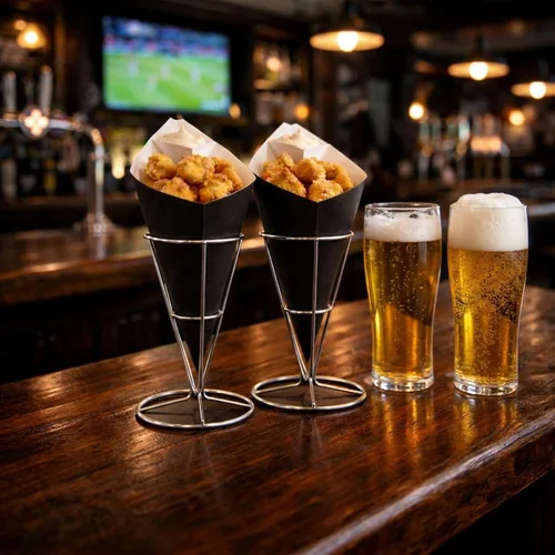 Vista 4 de Restaurantware Conetek - Conos de comida negros ecológicos de 11.5 pulgadas con bolsillo integrado para condimentos: perfectos para aperitivos, cono