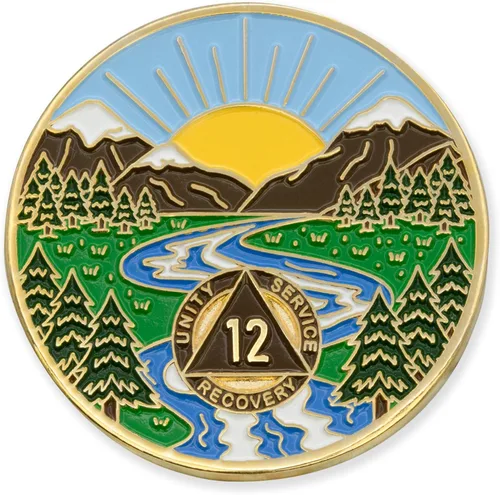 Vista 64 de Moneda AA de 1 año – Medallón de recuperación de ondas estrelladas de Sobriety Mint – azul/blanco/dorado