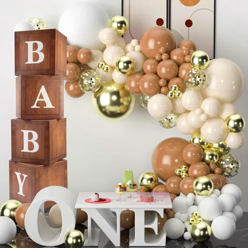 Vista 5 de Cajas de madera para baby shower, decoraciones de fiesta, 4 bloques de madera de grano marrón con letras impresas de bebé, fondo de revelación