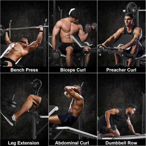 Vista 6 de Edostory Banco de pesas olímpico ajustable, equipo de entrenamiento para ejercicios en casa, banco de prensa con curl de predicador, desarrollador