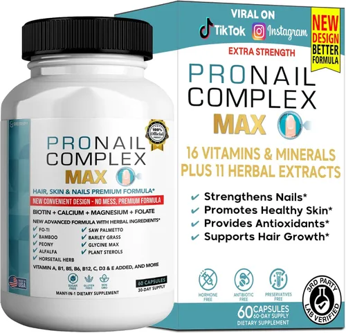 ProNail Complex Max Suplemento premium para cabello, piel y uñas con biotina y mezcla de hierbas, 60 cápsulas, suministro para 30 días (1)