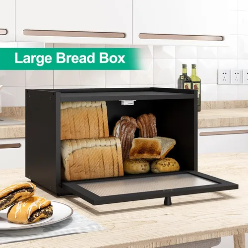 Vista 2 de kiplant Panera grande para encimera de cocina, contenedor de almacenamiento de pan de bambú negro con puerta transparente de arcílica ondulada, caja