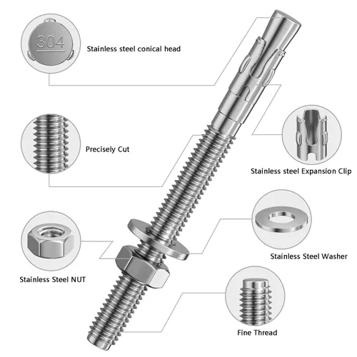 Vista 2 de Wensilon 5 piezas sujetadores estándar de 1/2x2-3/4 pulgadas, anclajes de cuña de acero inoxidable 304 para servicio pesado para cemento y hormigón