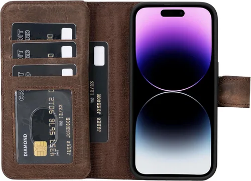 Vista 29 de HARDISTON Funda de piel auténtica de alta calidad hecha a mano para iPhone XR, tarjetero doble, funda magnética desmontable, función atril Marrón