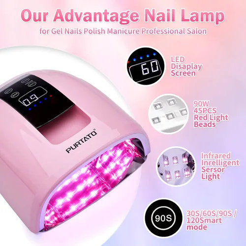 Vista 4 de Purtato Lámpara de uñas profesional recargable LED UV de 90 W, batería de 45 cuentas de lámpara de larga duración, parte inferior de acero