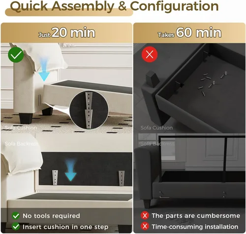 Vista 9 de KKL Sofá cama modular seccional, sofá de nube de 4 plazas con otomana, sofás seccionales de felpilla para sala de estar, apartamento, beige