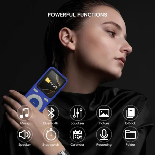 Vista 2 de Reproductor MP3 de 64GB con Bluetooth, Reproductor MP3 Portátil HiFi de Sonido Sin Pérdidas con Bluetooth con Altavoz, Grabadora de Voz