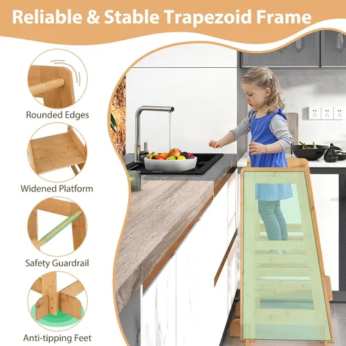 Vista 4 de Costzon Torre para niños pequeños, taburete de cocina ajustable para niños con riel de seguridad, torre de pie de bambú para niños, taburete
