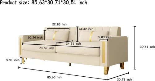 Vista 2 de Juego de 2 sofás para sala de estar, sofá de 2 plazas de 86" de terciopelo beige con 4 almohadas y patas de metal dorado, sofá tapizado moderno