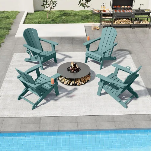 Vista 2 de Sillas plegables Adirondack con portavasos, juego de 4 sillas de plástico HDPE para exteriores, resistentes a la intemperie, aspecto de madera real