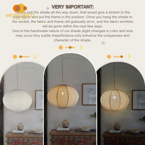 Vista 4 de METHEDEECO Lámpara Colgante de Lino Japonés con Cable con Enchufe E26 20 PULGADAS Lámpara Linterna de Lino Wabi-Sabi Hecha a Mano Luminaria de Techo
