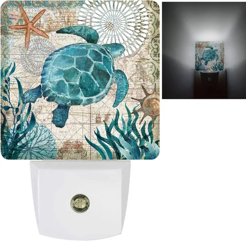Luz nocturna LED vintage con diseño de tortuga oceánica, mapa del mundo de estrellas de mar, sensor de atardecer a amanecer, luces nocturnas