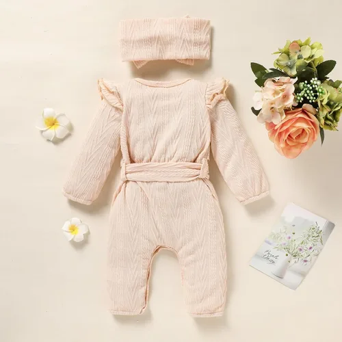 Vista 3 de Mameluco de manga larga con volantes para bebé recién nacido, mameluco de color sólido con banda para el pelo para otoño e invierno