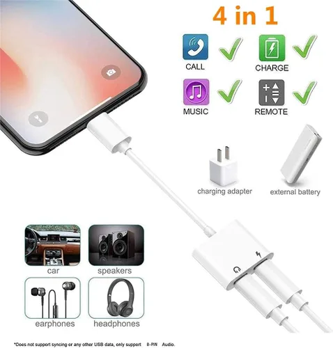 Vista 2 de [Certificado Apple MFi] Divisor de adaptador de auriculares para iPhone, 2 en 1, cargador Lightning doble, adaptador de audio auxiliar para iPhone