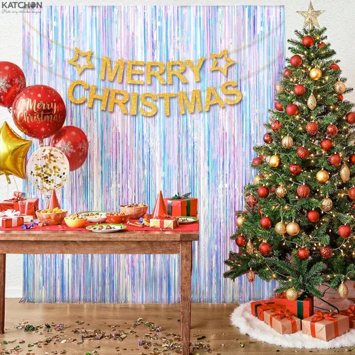 Vista 5 de KatchOn - Serpentinas iridiscentes de neón extra grandes – Decoraciones de fiesta iridiscentes de 3.2 x 6.5 pies Cortina de flecos iridiscentes