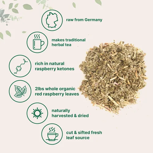 Vista 3 de Té orgánico de hoja de frambuesa seca, 2 libras, repuestos hasta 907 bolsas de té, fuente premium de Alemania para té de hierbas para embarazo