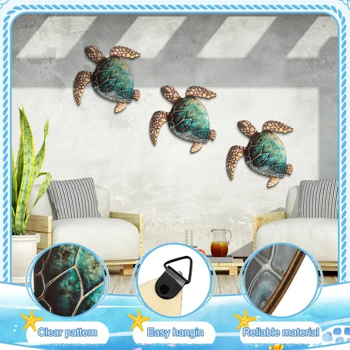 Vista 3 de Tatuo 3 piezas de decoración de pared costera de verano para baño, playa, arte de pared azul, tortuga de mar, tabla de surf, caballito de mar