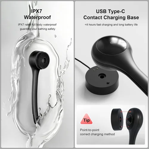 Vista 4 de Cepillo corporal eléctrico para ducha, resistente al agua, de doble mango con 3 cabezales, cepillo de baño y 2 velocidades, para limpiar, exfoliar