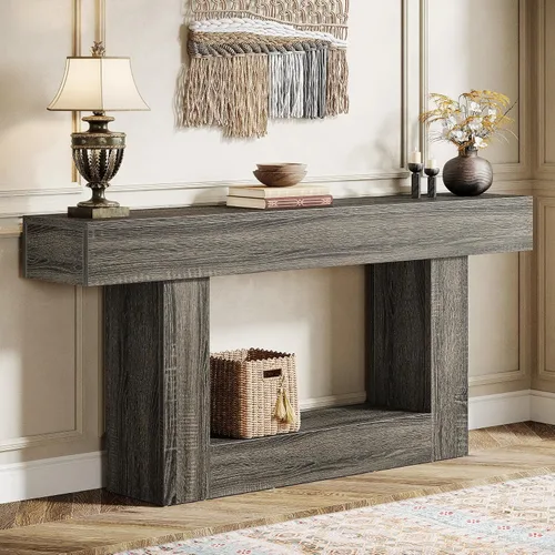 Vista 12 de Tribesigns Mesa consola de 63 pulgadas, mesa de entrada de 2 niveles con base en forma de U, mesa de sofá estrecha y larga de madera detrás del sofá