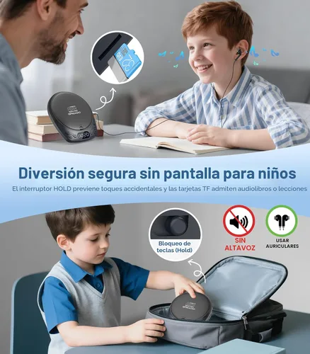 Vista 6 de Greadio - Reproductor de CD portátil con auriculares, reproductor de CD recargable para el hogar Azul