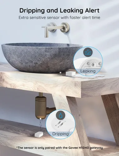 Vista 4 de Govee Paquete de 2 detectores de fugas de agua, sensor de alarma de audio ajustable de 100 dB, alerta sensible de fugas y goteo, para cocina, baño