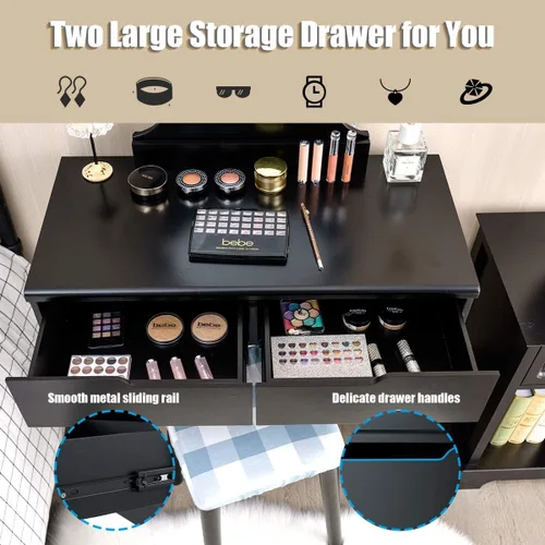 Vista 5 de Set de mesa de tocador Giantex con 8 bombillas y interruptor táctil, mesa de maquillaje para niñas princesa con espejo redondo grande, 2 cajones