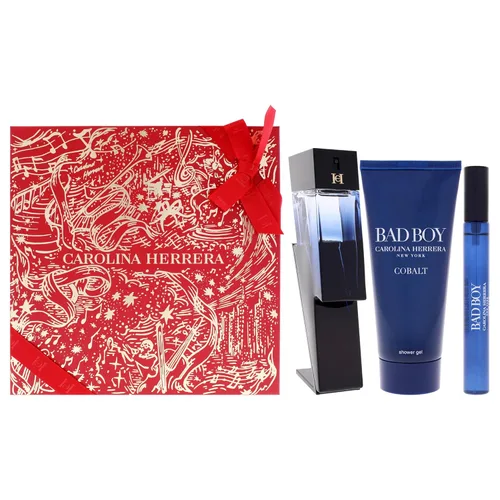 Carolina Herrera Bad Boy Cobalt - Set de regalo de 3 piezas para hombres, (Eau De Parfum 3.4 oz + Gel de Ducha 3.4 oz + Spray de Viaje 0.34 oz) -