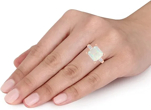 Vista 5 de Anillo de compromiso de oro de 14 quilates sobre plata de ley con piedras preciosas de ópalo blanco natural de corte princesa de 0.315 in y diamante