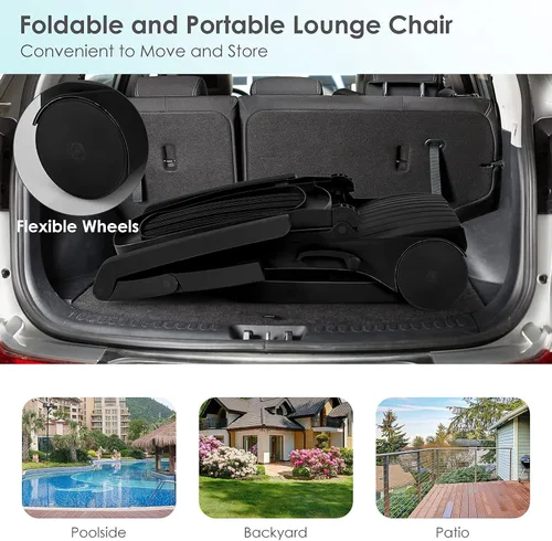 Vista 7 de Tangkula Tumbona para exteriores, reclinable ajustable de 5 posiciones con caja de almacenamiento y ruedas flexibles, silla de patio plegable